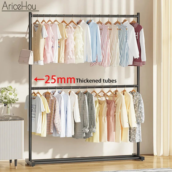 25mm Thick Double Coat Racks Clothing Racks for Hanging Clothes Household Floor Type Bedroom Clothes Rack Stand Garment Rack