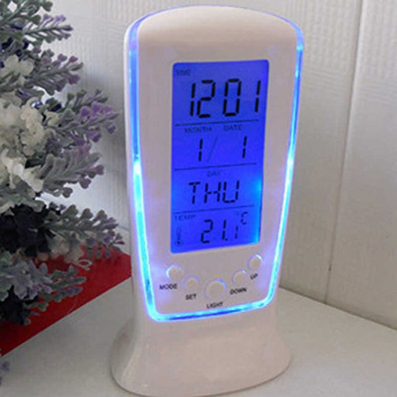 LED Blue Luminous Digital Mini Desk Clock With Electronic Calendar Thermometer Led Table Clock 7 Sounds Alarm Clock 13*6*5.5cm
